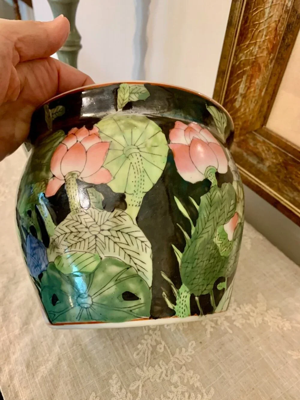 Vintage Chinese Porcelain Famille Noir Hand Painted Chinoiserie Garden Planter - Picture 4 of 8